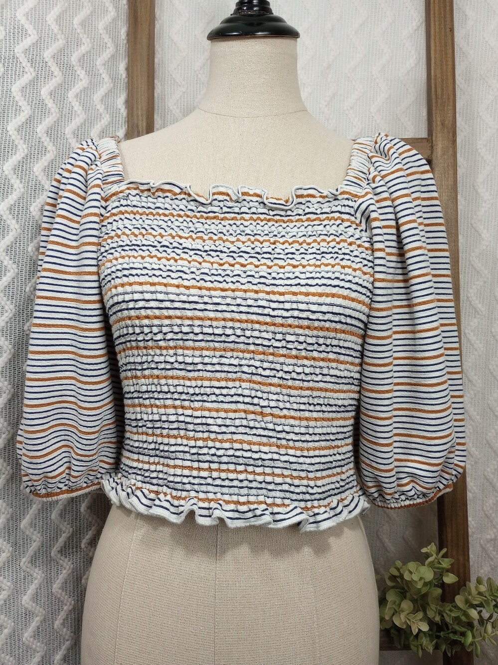 LOFT Striped Smocked Puff-Sleeve Crop Top - White, Navy & Tan Medium
